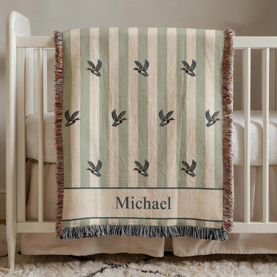 Custom Woven Blanket, Personalized Baby Blanket, Mallard Duck with Sage Stripes, Mallard Nursery Decor, Baby Boy Gift, Baby Shower Gift