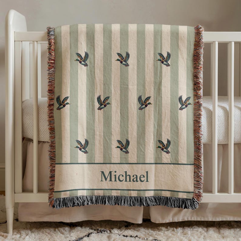Custom Woven Blanket, Personalized Baby Blanket, Mallard Duck with Sage Stripes, Mallard Nursery Decor, Baby Boy Gift, Baby Shower Gift