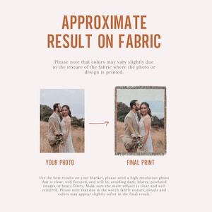 May include: Image showing a comparison of a photo and its approximate result on fabric. The text reads "APPROXIMATE RESULT ON FABRIC." The photo shows a couple, and the final print is a blanket with the couple's image. Text below says "YOUR PHOTO" and "FINAL PRINT."