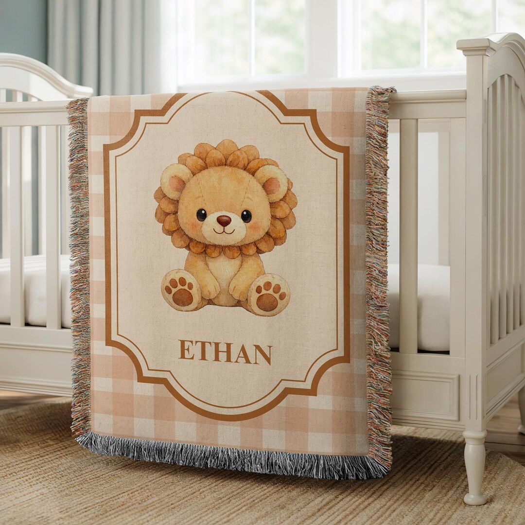 Personalized Lion Baby Blanket, Custom Woven Safari Nursery Decor ...
