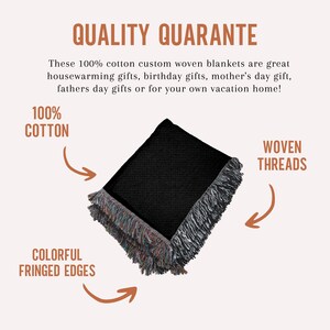 May include: A black woven blanket with colorful fringed edges. The blanket is made of 100% cotton and features woven threads. Text on the image reads "QUALITY QUARANTE" and "100% COTTON".
