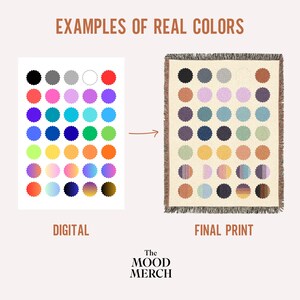 May include: An image comparing digital color swatches to a woven blanket. The blanket features a repeating pattern of large, circular shapes in various colors, including black, pink, blue, and green. The text reads "EXAMPLES OF REAL COLORS", "DIGITAL", and "FINAL PRINT". The Mood Merch logo is at the bottom.