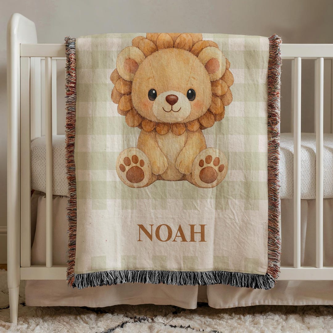 Personalized Lion Safari Baby Blanket, Custom Woven Jungle Nursery ...