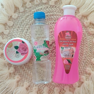 Set de cuidado de la piel con rosa marroquí: crema nutritiva, gel y bruma hidratante