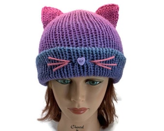 Ombre Cat Hat, Knit Cat Beanie, Maximalist Fashion Hat, Kawaii Cat Beanie, Kawaii Hats, Cat Ears, Kawaii Clothes, Kitty Ears Pink, Cat Hat