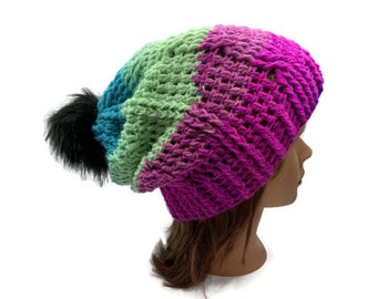 Sombrero de invierno con cable, sombrero Ombre púrpura y verde, sombrero con cable Slouchy, sombrero de invierno colorido, sombrero Slouchy de ganchillo, regalos para ella, moda de invierno