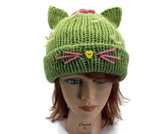 Sombrero de cactus de gato, regalo de jardinería, sombrero de cactus, cactus floreciente, regalos de jardinero, accesorios de cactus, cactus de punto, regalos extraños, cactus Kawaii