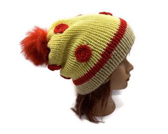 Pizza Hat, Slouchy Food Hat, Kawaii Pizza Hat, Gifts for Her, Cute Hats for Women, Knit Beanie hat, Junk Food Hat, Slouchy Beanie for Teens