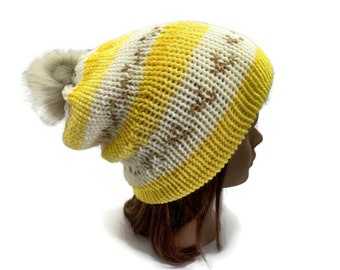 Banana Knit Hat, Pom Pom Hat, Slouchy Beanie Women, Fruit Hat, Kawaii Food Hat, Faux Fur Pom Pom Beanie, Slouchy Banana Beanie, Winter Hat