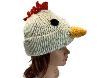 Chicken Hat, Farmer Hat, Rooster Hat, Farmer Gifts, Knit Chicken Beanie, Weird Gifts, Kawaii Chicken, Farm Animals, Gift for Her, Funny Gift