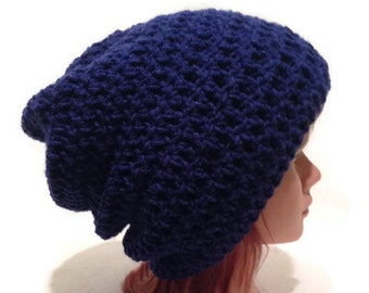 Navy Blue Hat, Unisex Slouchy Hat, Crochet Slouchy Hat, Blue Slouchy Beanie, Crochet Navy Slouch, Unisex Slouchy Hat, Mens Slouchy Hat