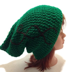 Green Elven Slouchy Beanie, Pointed Pixie Hat, Wood Elf Beanie, Elven Cosplay Hat, Brown Scrollwork, Elf Cosplay Items, Crochet Elf Hat