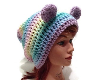 Rainbow Bear Hat, Pastel Rainbow Bear, Slouchy Bear Hat, Pastel Bear Hat, Bear Ears Beanie, Kawaii Hat, Bear Cosplay, Bear Costume, Kawaii