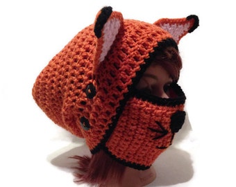 Fox Hat, Fox Mask, Slouchy Fox Hat, Face Mask Hat, Fox Ears Beanie, Fox Cosplay, Hat with Ears, Fox Ears, Orange Fox Hat, Fox Costume, Foxes