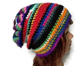 Rainbow Scrap Hat, Scrap Yarn Hat, Rainbow Striped Hat, Gift for Hippie, Hipster Beanie, Upcycled Beanie, Gift for her, Unique Hat, OOAK