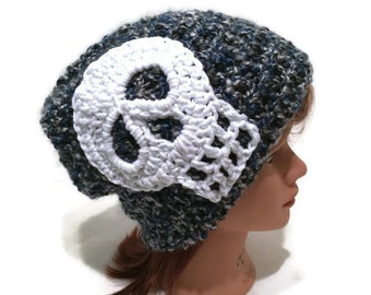 Skull Hat, Skull Beanie, Halloween Hat, Blue Skull Hat, Skull Accessories, Blue and Grey Hat, Skull Winter Hat, Fuzzy Winter Hat, Skulls