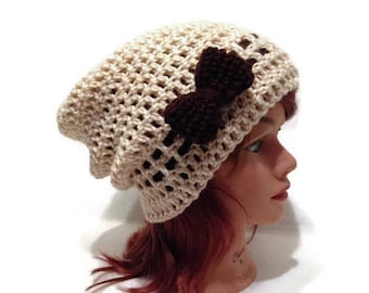 Tan Bow Hat, Kawaii Slouchy Hat, Hat with Bow, Teen Girl Gifts, Hats for Girls, Slouchy Beanie, Beanie with Bow, Winter Slouchy Hat, Kawaii