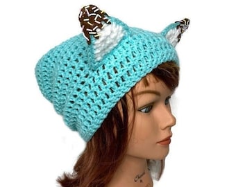 Mint Ice Cream Cat Hat, Ice Cream Cat Hat, Slouchy Cat Hat, Cat Accessories, Cat Stuff, Novelty Hat, Crochet Hat, Cats, Kawaii Accessories