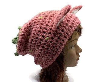 Pink Strawberry Cat Hat, Slouchy Strawberry Hat, Pink Strawberry Hat, Gifts for Teenage Girls, Kawaii Hats, Cat Ears, Crochet Strawberry Hat