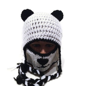 Panda Hat Panda Bear Face Mask and Ear Flap Winter Hat Novelty Panda hat Kawaii Panda beanie in Black and White