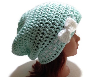 Mint Green Hat Green Slouchy Beanie Hat with Bow Crochet Ribbon and Bow Hat Hipster Beanie Kawaii Hat Pastel Green Hat Pastel Kawaii Hat