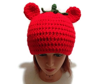 Tomato Bear Hat, Food Hat, Tomato Hat, Bear Hat, Bear Cosplay Hat, Gardening Gift, Novelty Hat, Kawaii Bear, Hat with Ears, Red Tomato Hat