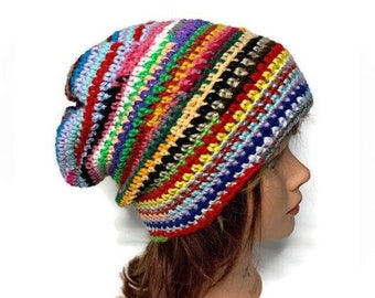 Upcycled Beanie, Rainbow Scrap Yarn Hat, Rainbow Striped Hat, Gift for Hippie, Boho Beanie, Gift for her, Unique Hat, OOAK, One Of A Kind