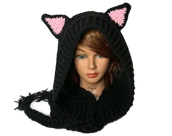 Black Cat Hood, Cat Cosplay, Festival Hoods, Crochet Cat Hat, Hat with Ears, Crochet Pixie Hood, Kawaii Cat Hood, Kitty Cat, Spooky Gifts