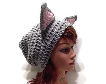 Grey Cat Hat, Slouchy Cat Beanie, Grey Kitty Ears, Hat with Cat Ears, Cat Beanie, Novelty Hat, Cat Cosplay Hat, Grey Kitty Hat, Cat Cosplay