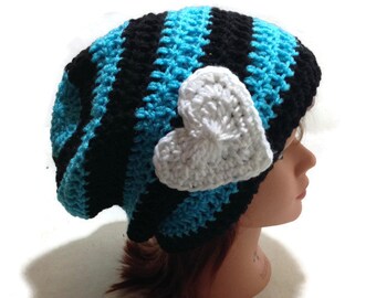 Heart Hat, Black and Blue, Valentines Day Hat, Heart Beanie, Teen Gifts, Hat for Teens, Valentines Gift for Teen Girl, Winter Hat, Hearts