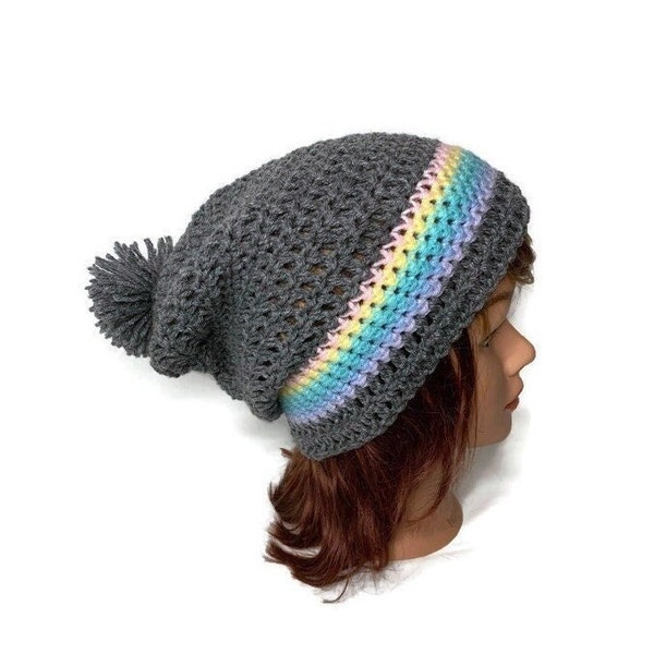 Pom Pom Hat, Pastel Rainbow Hat, Fairy Kei, Slouchy Beanie Women, Grey Winter Hat, Gifts for Her, Gifts for Her Birthday, Kawaii Clothing