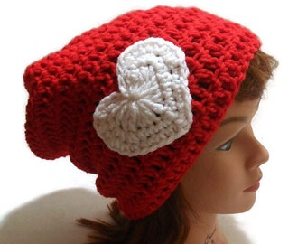 Red Heart Hat, Valentines Hat, Sweetheart Hat, Slouchy Heart Hat, Red and White Hat, Red Slouchy Hat, Kawaii Heart Hat, Hipster Heart Hat,