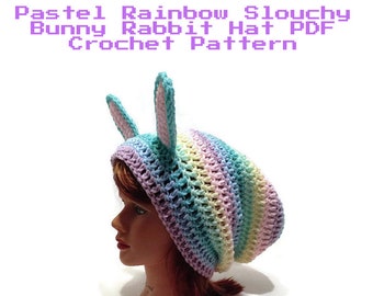 Bunny Hat Pattern, Slouchy Bunny Hat Pattern, Rabbit Crochet Pattern, Crochet PDF Pattern, Easter Bunny, Pastel Rainbow Hat, DIY Halloween