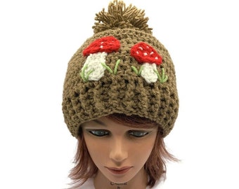 Crochet Mushroom Hat, Fall Accessories, Pom Pom Beanie, Cottagecore, Mushroom Hat, Fall Hats for Women, Autumn Accessories, Toadstool Hat