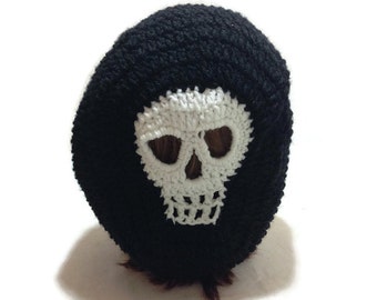 Cráneo Tam Slouchy Cráneo Sombrero Esqueleto Goteo Crochet Slouchy Sombrero Cráneo Snood en blanco y negro