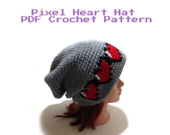 Patrón de sombrero de ganchillo Pixel Heart, patrón de 8 bits, sombrero de patrón de ganchillo PDF, sombrero de bricolaje Gamer Girl, patrón de sombrero holgado, disfraces de Halloween de bricolaje