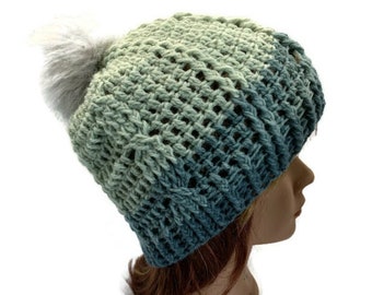 Cabled Winter Hat, Blue Cabled Hat, Green Winter Beanie, Crochet Gifts for Her, Winter Fashion, Gifts for Women, Gift for Him, Crochet Hat