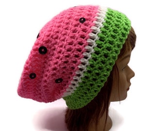 Watermelon Hat, Watermelon Slouchy Hat, Watermelon Beanie, Fruit Hat, Kawaii Watermelon Hat, Pink Fruit Hat, Hat with Button Seeds