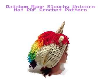 Patrón de sombrero de unicornio, patrón de unicornio holgado, patrón de ganchillo de unicornio, patrón PDF de ganchillo, unicornio arcoíris, disfraz de Halloween de unicornio DIY