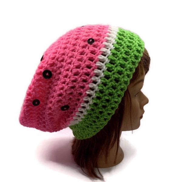 Watermelon Hat, Watermelon Slouchy Hat, Watermelon Beanie, Fruit Hat, Kawaii Watermelon Hat, Pink Fruit Hat, Hat with Button Seeds