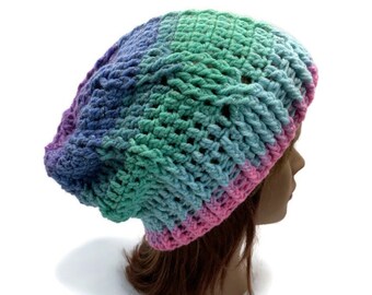 Cabled Winter Hat, Rainbow Cabled Hat, Sparkly Crochet Hat, Slouchy Beanie, Winter Hat, Crochet Slouchy Hat, Gift for Her, Winter Fashion