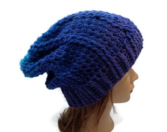 Cabled Winter Hat, Blue Cabled Hat, Blue Winter Beanie, Slouchy Cabled Hat, Winter Hat, Crochet Slouchy Hat, Gifts for Her, Winter Fashion