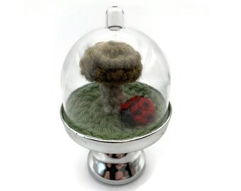 Brown Mushroom Art, Mushroom Fiber Art, Cloche Mushroom, Crochet Fiber Art, Cottagecore Decor, Faux Terrarium, Nature Art, Ladybug Art