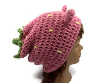 Pink Strawberry Bear Hat, Slouchy Strawberry Hat, Pink Strawberry Hat, Gifts for Teenage Girl, Kawaii Hats, Crochet Strawberry Hat, Bear Hat