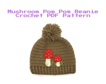 Patrón de gorro de hongo a crochet, patrón de descarga instantánea, patrón en PDF, gorro con pompón, Cottagecore, diseños en PDF de Cottagecore, crochet DIY