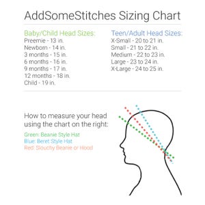 May include: A sizing chart for beanies and hats, with a diagram showing how to measure your head. The chart includes sizes for babies, children, teens, and adults. The sizes are listed in inches.