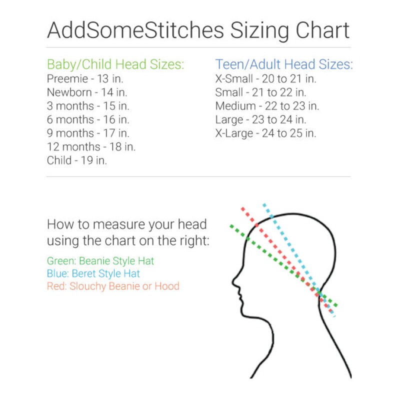 May include: A sizing chart for beanies and hats, with a diagram showing how to measure your head. The chart includes sizes for babies, children, teens, and adults. The sizes are listed in inches.
