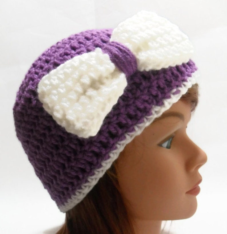 Holiday Gift Purple Bow Beanie Crochet Womens Hat Purple Cloche Hat with Bow Cloche with Bow Purple Bow Hat Summer Beanie