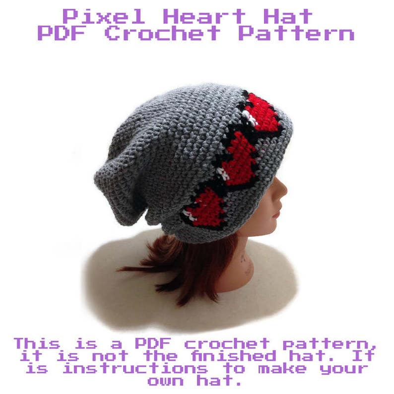Pixel Heart Crochet Hat Pattern, 8 Bit Pattern, PDF Crochet Pattern Hat, Gamer Girl DIY Hat, Slouchy Hat Pattern, DIY Halloween Costumes 