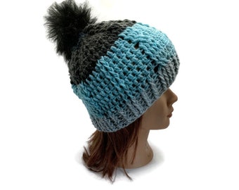 Sombrero de invierno con cable, sombrero con cable azul, gorro de invierno brillante, regalos de ganchillo para ella, moda de invierno, regalos para mujeres, regalo para él, sombrero de ganchillo